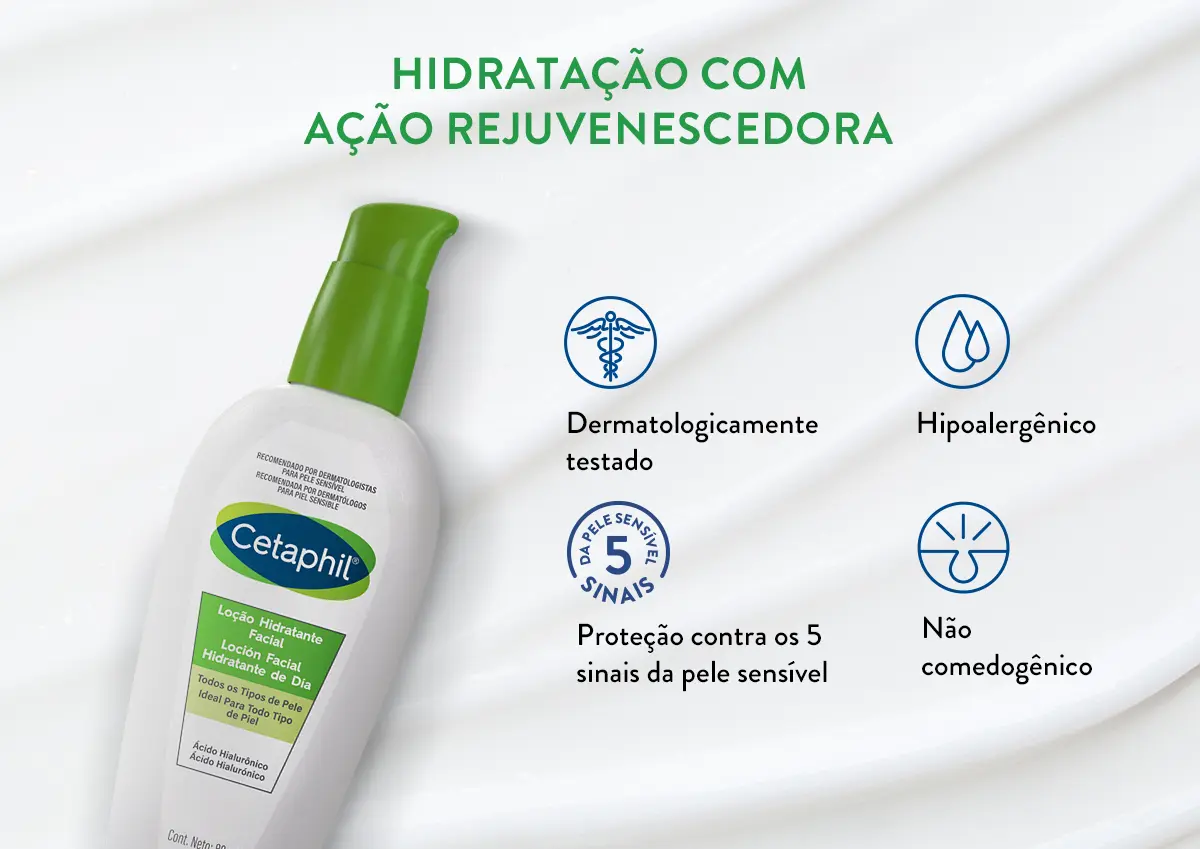 Imagem secundária informando que o produto é dermatologicamente testado, hipoalergênico, não comedogênico e que oferece proteção contra os 5 sinais de pele sensível.