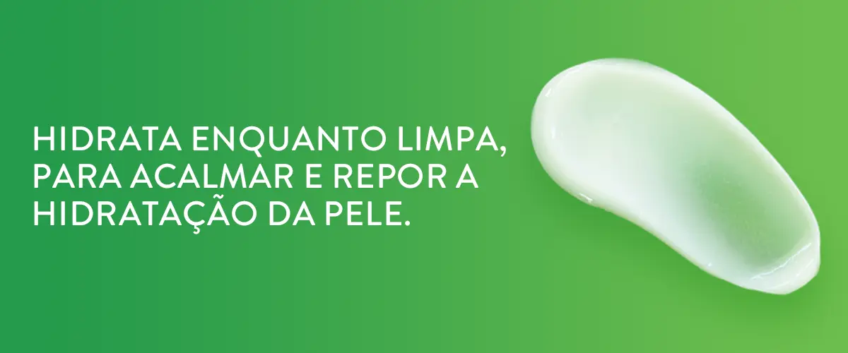 Imagem mostra a textura do produto e informa que hidrata a pele enquanto limpa.