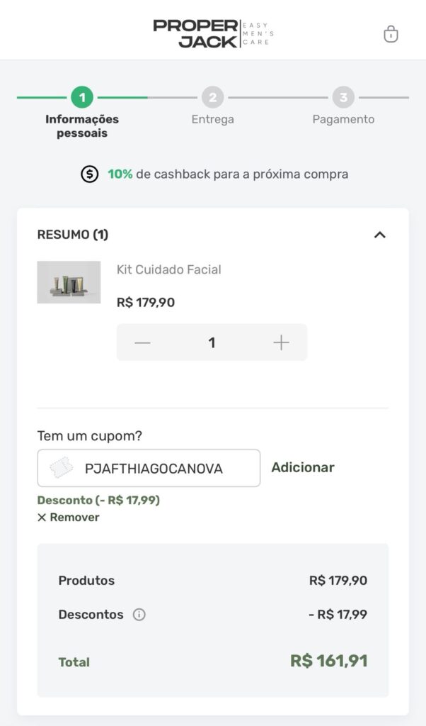 Carrinho de compras Proper Jack com cupom de desconto PJAFTHIAGOCANOVA