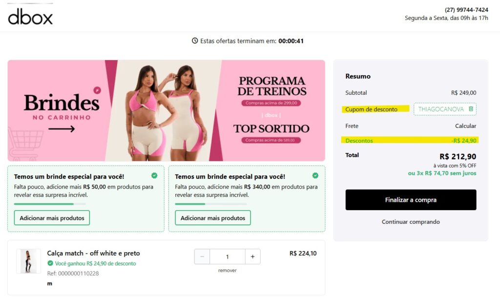 Carrinho de compras DBOX com cupom de desconto 10% THIAGOCANOVA
