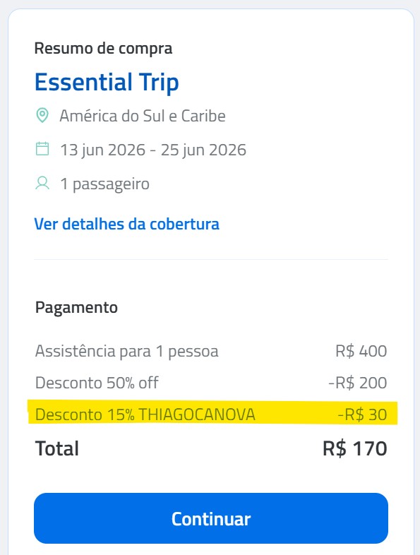 Cupom THIAGOCANOVA e garanta 15% de desconto na contratação do seguro viagem.