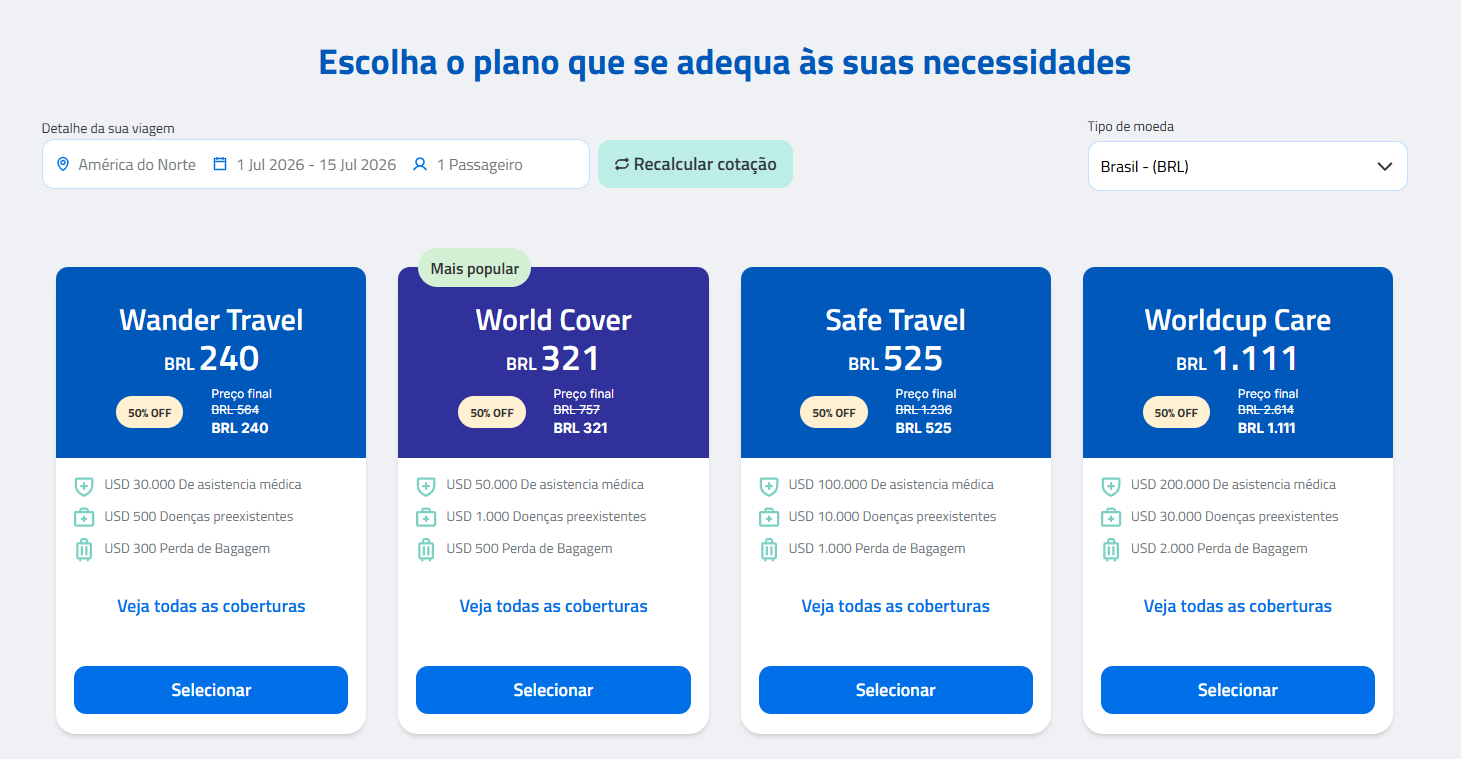 Diversidade de planos de seguro viagem América do Norte com 15% de desconto extra THIAGOCANOVA