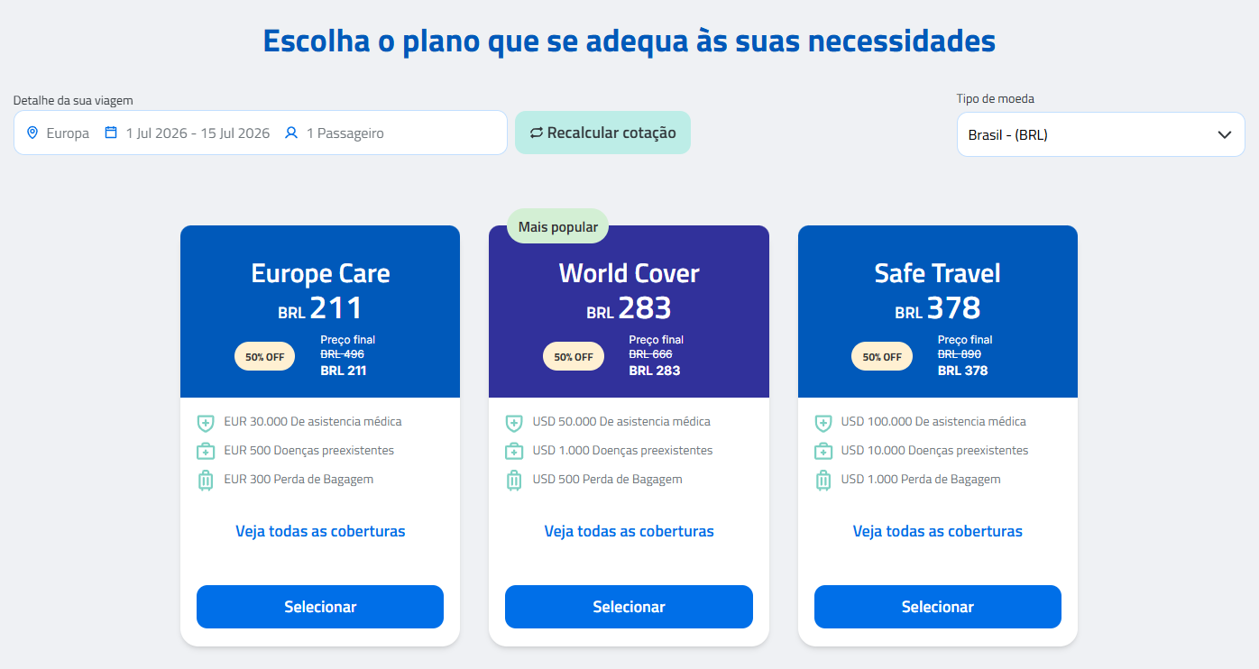Diversidade de planos de seguro viagem Europa Assist 365 com cupom THIAGOCANOVA