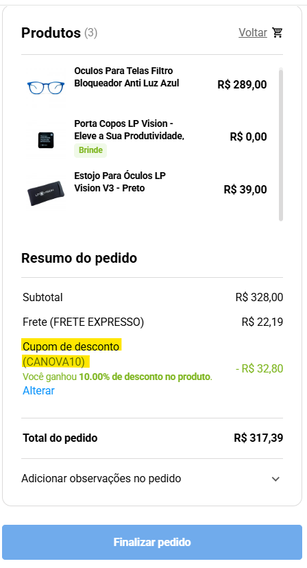 Cupom LP Vision CANOVA10 para 10% de desconto