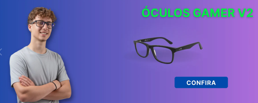 Óculos sem grau com filtro de luz azul, indicados para uso em computador, games, leitura e descanso, com design moderno e leve.