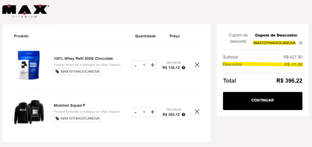 Cupom MAX10THIAGOCANOVA para 10% de desconto na Max Titanium