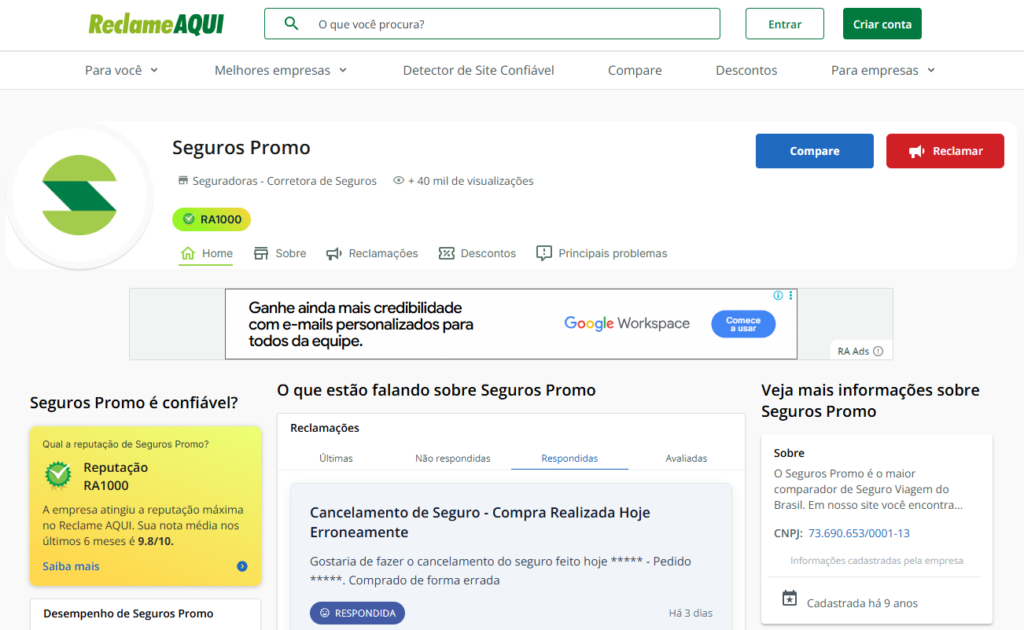 Seguros Promo com reputação máxima no Reclame Aqui - THIAGO CANOVA