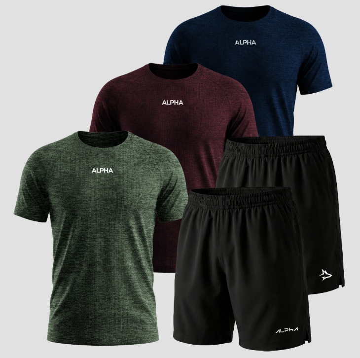 Alpha Co camisetas Dry Fit e bermudas esportivas em peças pensadas para oferecer conforto e mobilidade durante os treinos.