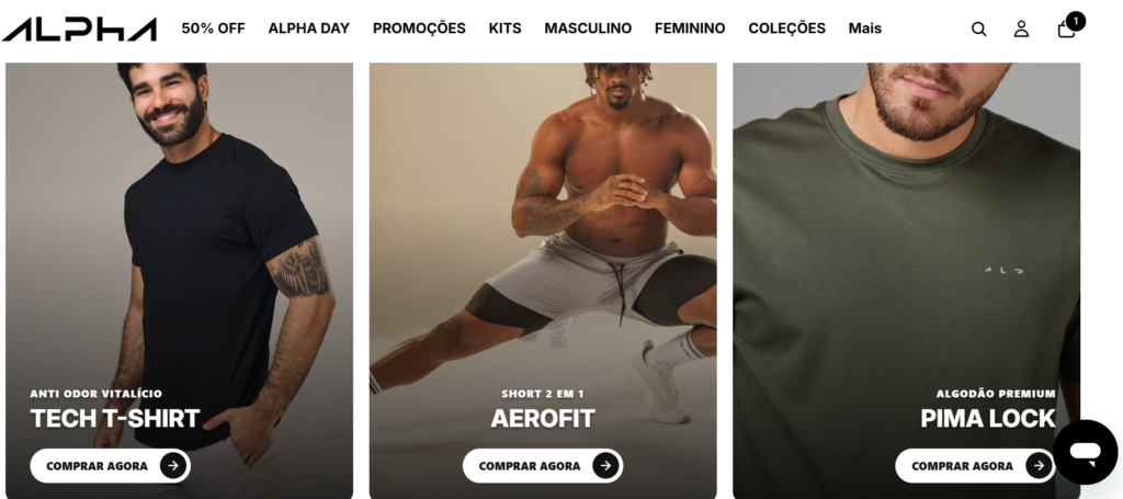 Site da Alpha Co com roupas fitness masculinas, camisetas e bermudas esportivas