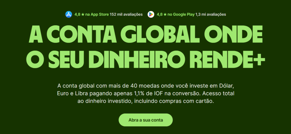 Banner da Wise apresenta uma conta global com mais de 40 moedas, destacando opções de investimento em dólar, euro e libra, além de cartão para acesso ao dinheiro.