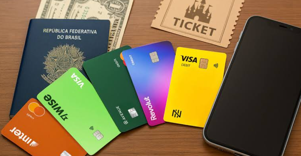 Fotografia de um passaporte brasileiro sobre uma mesa de madeira, acompanhado de cédulas de dólar, um ingresso, vários cartões bancários coloridos e um smartphone.