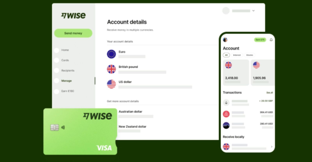 Imagem promocional da Wise mostrando a conta multimoedas, com opções de euro, libra esterlina, dólar americano, dólar australiano e dólar neozelandês, além do cartão Wise Visa.