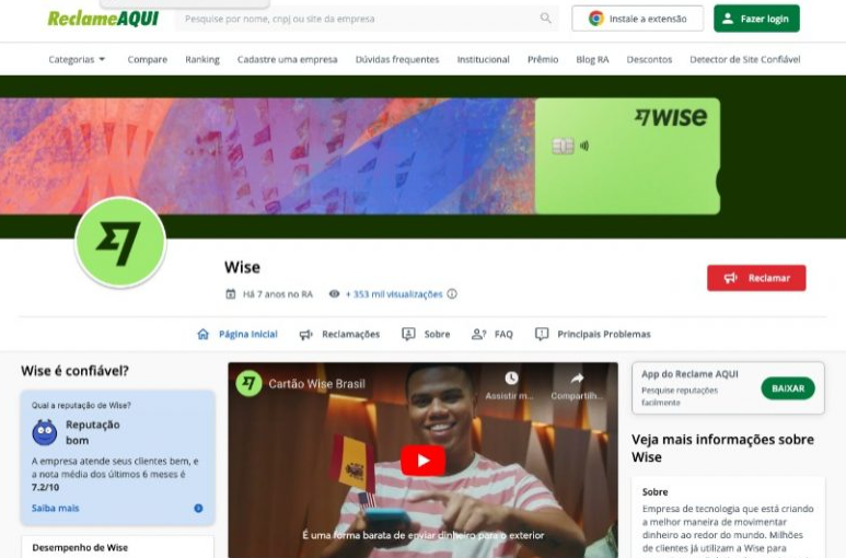Captura de tela da página da Wise no Reclame AQUI, mostrando a reputação da empresa, informações sobre reclamações e um vídeo sobre o cartão Wise.
