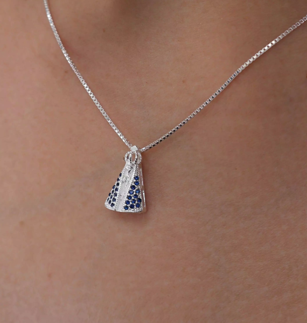 Colar Feminino de Prata Nossa Senhora Aparecida Cravejada