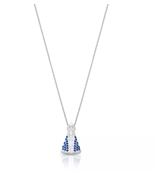 Colar Feminino de Prata Nossa Senhora Aparecida Cravejada