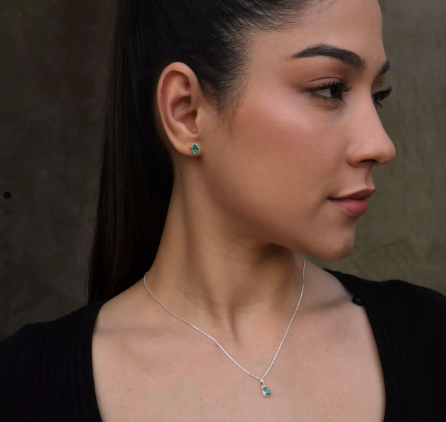 Kit Para Presente Feminino Brinco e Colar Solitário Turquesa de Prata