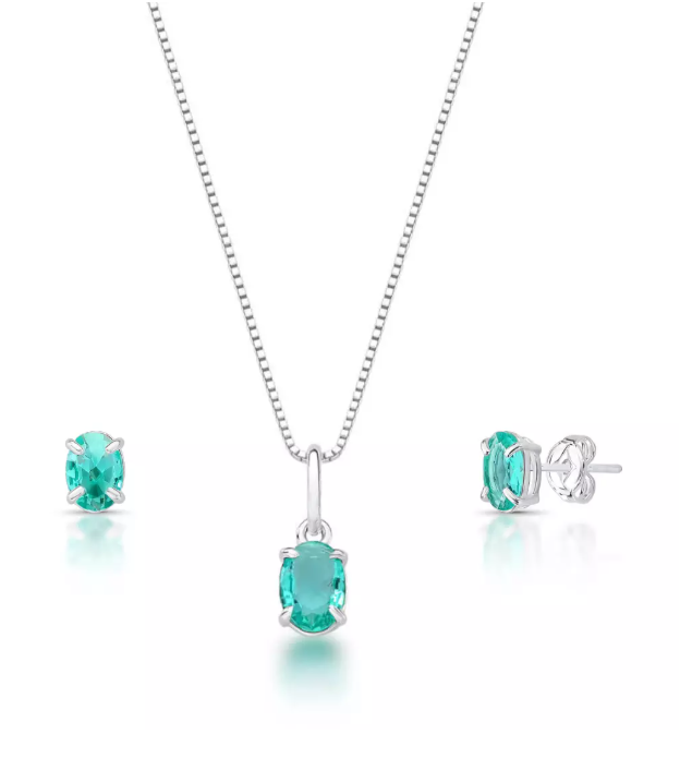 Kit Para Presente Feminino Brinco e Colar Solitário Turquesa de Prata