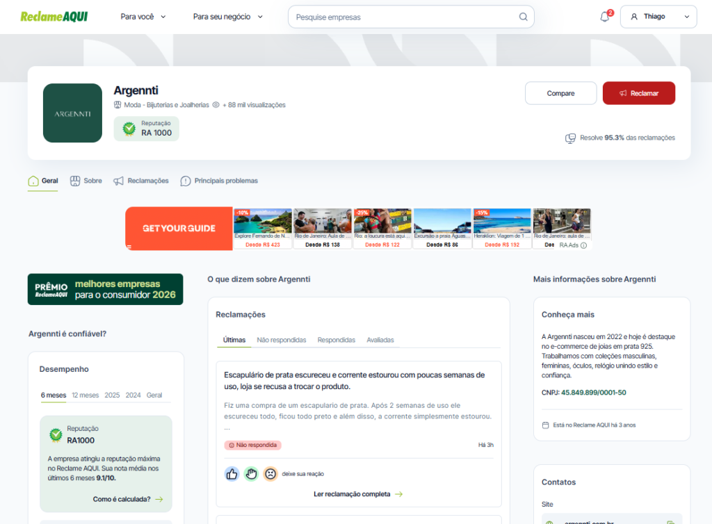 Argennti com nota máxima no Reclame Aqui