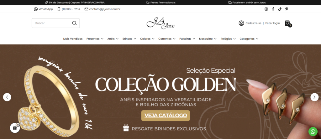 Visite o site da J A Joias e aproveite o benefício do cupom de 10% THIAGO10