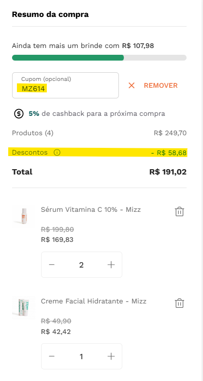 Mizz Dermocosméticos cupom de desconto extra
