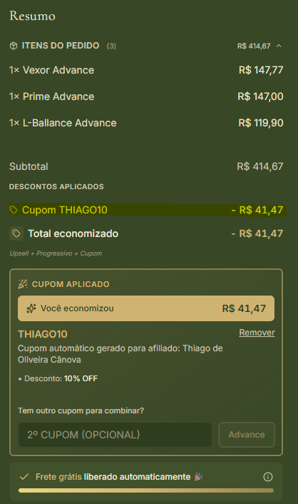 Simulação de compra no site da Novarys com cupom de desconto extra aplicado - 10% OFF com THIAGO10
