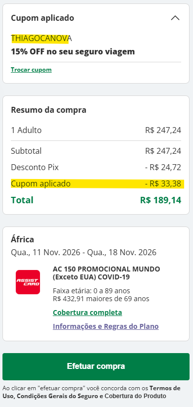 Imagem com seguro para a África com o cupom de desconto aplicado garantido 15% de desconto extra no seguro.