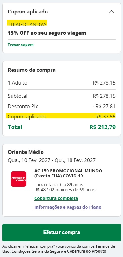 Imagem com seguro para o Oriente Médio com o cupom de desconto aplicado garantido 15% de desconto extra no seguro.