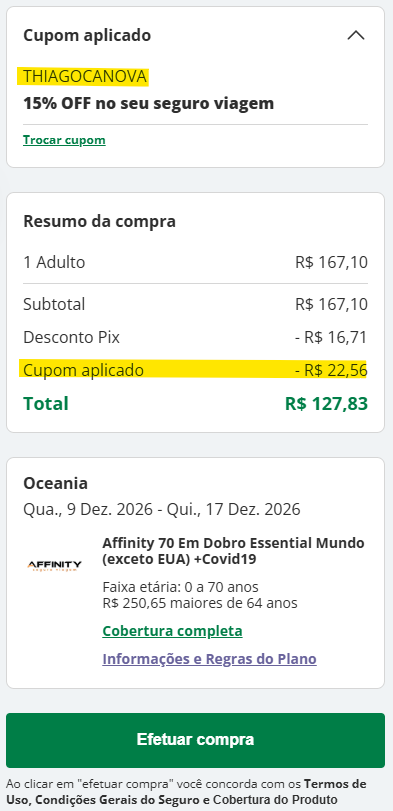 Imagem com seguro para a Oceania com o cupom de desconto aplicado garantido 15% de desconto extra no seguro.
