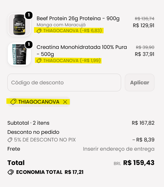 A imagem mostra creatina e Whey da Soldiers Nutrition com desconto de 5% aplicado com o cupom THIAGOCANOVA