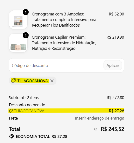 Prohall Professional cupom de desconto aplicado no check out com o código THIAGOCANOVA