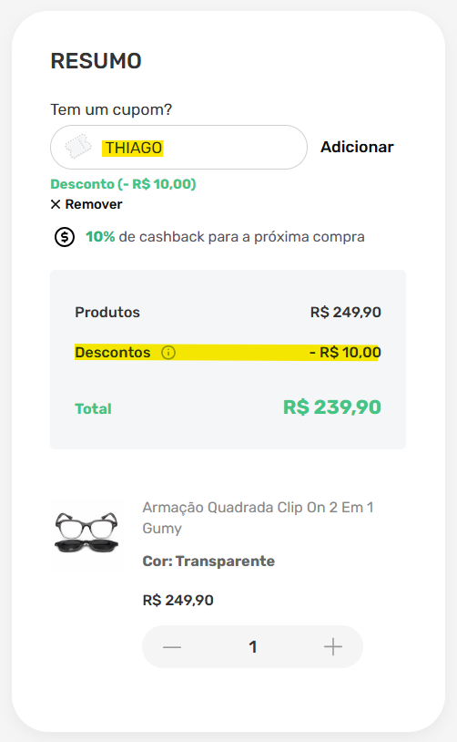 Zeno cupom de desconto aplicado no check out com o código THIAGO para R$ 10 OFF
